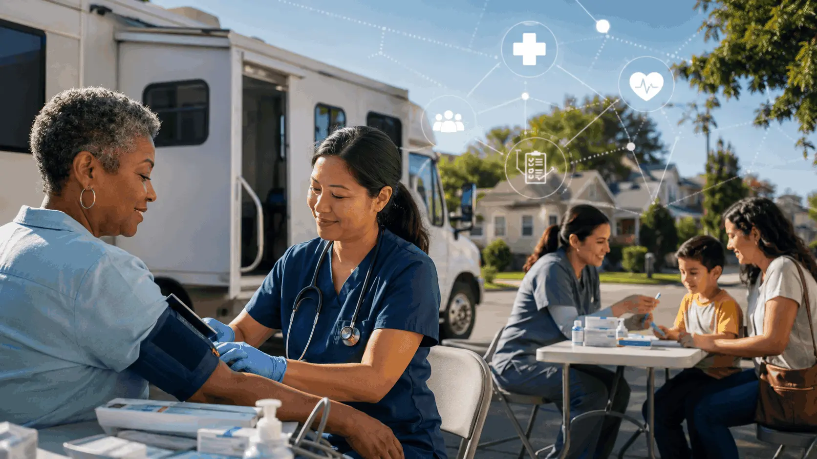 Local health department nurses providing direct health services at a mobile community clinic